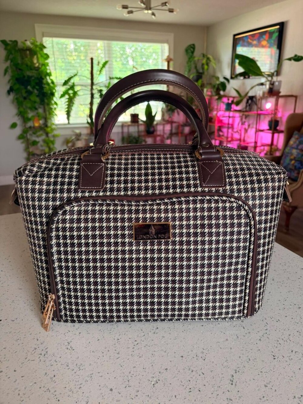 London Fog Houndstooth Travel Cosmetic Bag Makeup Organizer Weekender Case